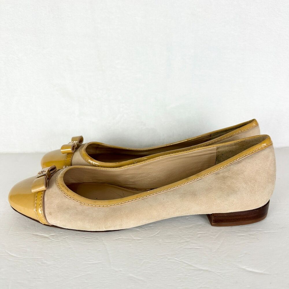 Tory Burch Cap Toe Ballet Flats Size 9 Suede Patent Leather Butter Yellow Tan